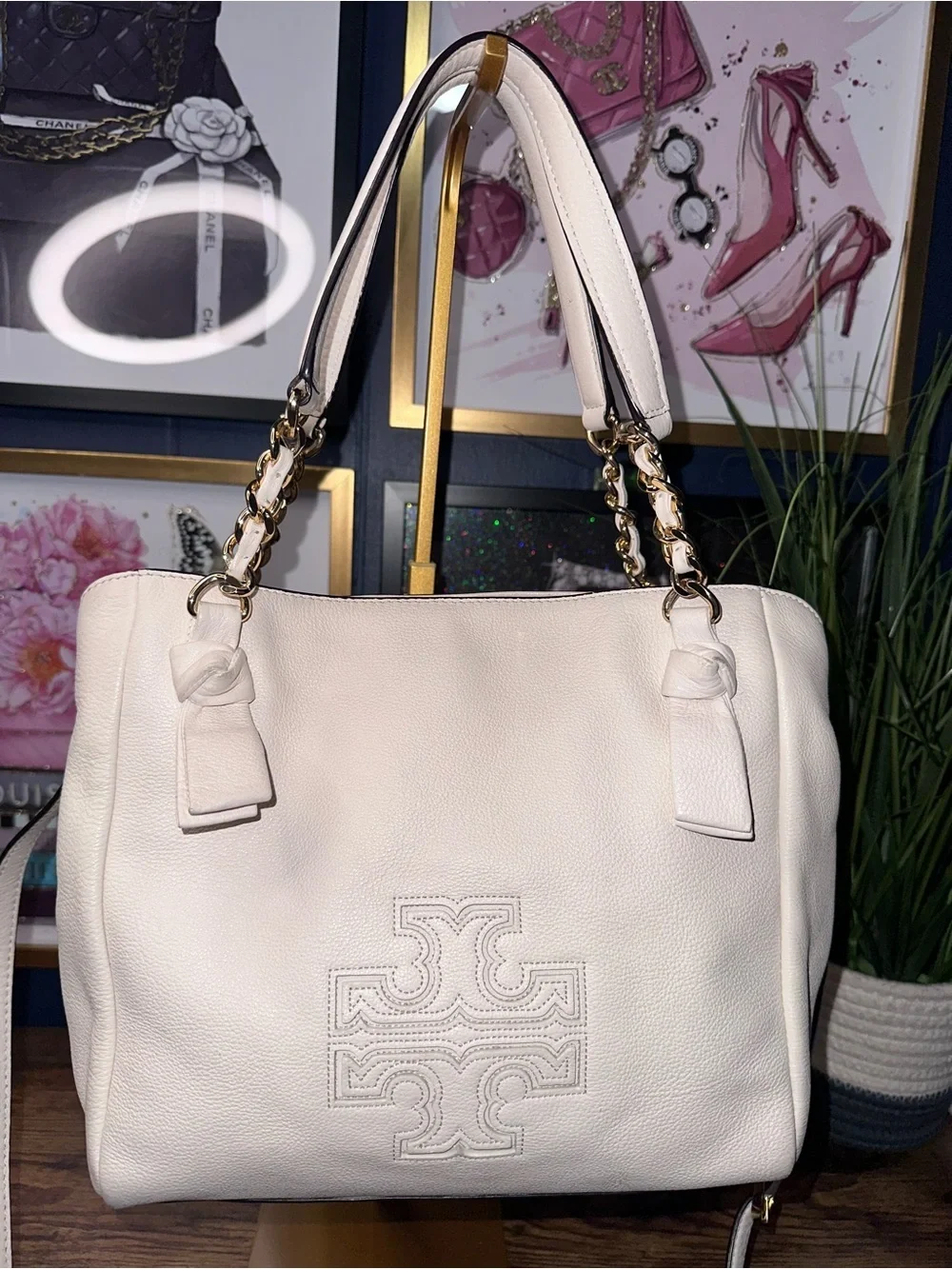 Tory Burch Harper Leather Satchel Ivory Cream Crossbody Bag